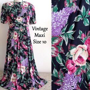 VINTAGE MAXI DRESS, 10, FLORAL TEA PARTY 1980s SHORT SLEEVE, JANE SINGER, EUC